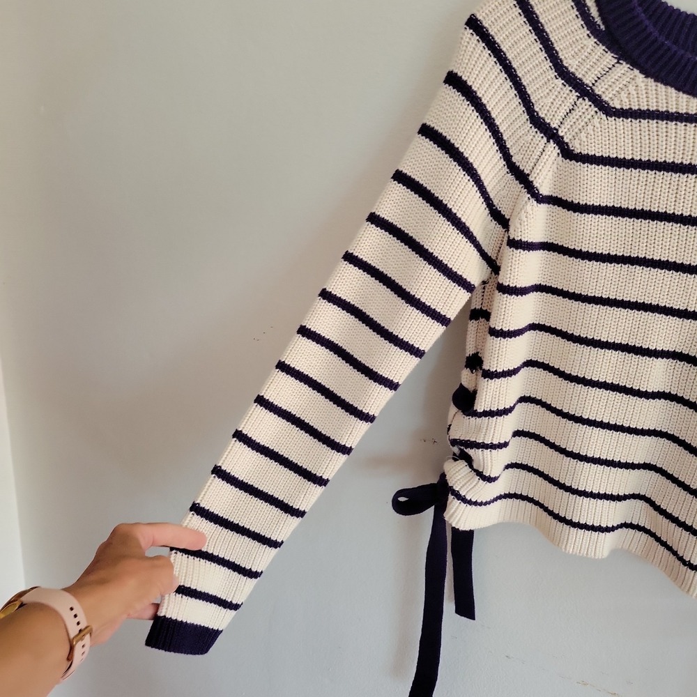 Forever 21 Pullover Side Tie Sweater Navy Blue Stripe Round Neck Nautical Preppy - Picture 4 of 11